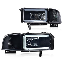 G-PLUS LED Light Strip Headlight Lamps w/Bulbs Compatible with Dodge Ram 1500 1994-2001/Dodge Ram 2500 3500 1994-2002 CH2503101,CH2502101 Smoke Lens Black Housing Clear Reflector