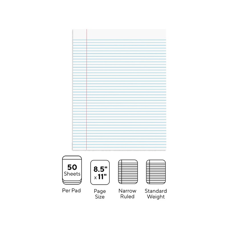 STAPLES Notepads, 8.5" x 11", Narrow Ruled, White, 50 Sheets/Pad,