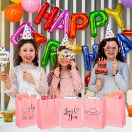 BLEWINDZ 32Pcs Small Paper Gift Bags with Tissues, Pink Party Favor Bags with Handles, 8.7" Goodie Bags for Birthday, Shopping, Party Supplies