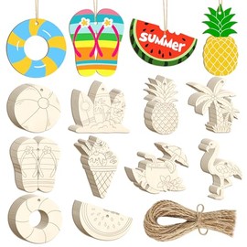 80PCS Wooden Summer Ornaments to Paint, 10 Styles DIY Blank Unfinished Wood Beach Cutouts Ornament for Crafts Hanging Decorations, Watermelon Surfboard Slippers Coconut Tree Home Decorations Gifts