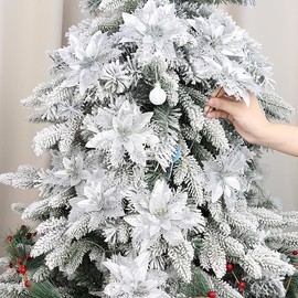 DERAYEE 12 x Christmas Glitter Poinsettia Flowers, Artificial Christmas Flowers with Clips and Stems for Christmas Tree Ornaments, Home Decoration (White)