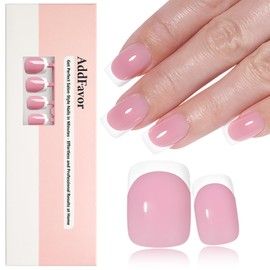 AddFavor French Tip Press on Nails Short Square Fake Nails - 160Pcs White French Tip Nails Press ons Nail Pink Acrylic Glue on False Nail Tips with Glue and Adhesive Tabs 16 Sizes
