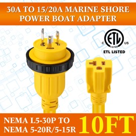 Kanayu 10FT 30 Amp to 15 Amp Marine Shore Power Adapter Extension Power Cord Compatible with NEMA L5-30P to 5-15/20R 10AWG 30Amp to 20Amp T Blade Marine Plug 125V Household Outlet Pigtail Boat Adapter