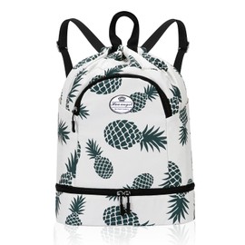 HUA ANGEL Lightweight Drawstring Backpack with Shoe Compartment, Waterproof for Sports Gym Travel Swimming Basketball Soccer, Green Pineapple, Sporty