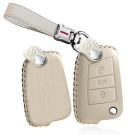 TECART for VW Flip Car Key Fob Cover Fit For Volkswagen Jetta Beetle Passat Bora Skoda Leather Folding Car Key Protection, White