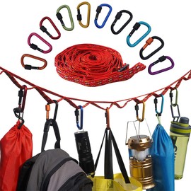 Acenilen 3-Meter Camping Lanyard With 10 Keychain Carabiners, Portable Camping Hanging Rope with Hooks for Camping, Hiking, Outdoor Tent Accessories