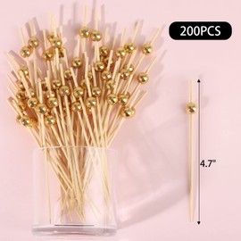 200 PCS Gold Cocktail Picks 4.7 Inch Fancy Toothpicks for Appetizers Bamboo Cocktail Sticks Skewers for Party Decoration, Appetizers, Drinks, Fruits(Gold)
