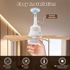 Techcircle Socket Fan Light with Remote Control, 20" Screw in Ceiling Fans with Lights & Socket Extender Light Bulb Fan 3 Speeds, Ceiling Fan Light 6 Blades for Bedroom, Kitchen, Garage, Wood Grain