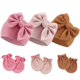 DRESHOW BQUBO Newborn Baby Hospital Hats Beanie Bow Infant Caps Baby Cotton No Scratch Mittens Set for 0-6 Months