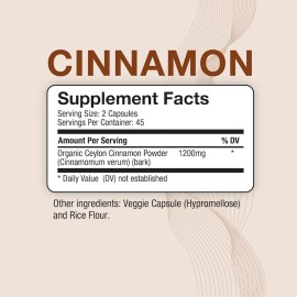 Puregen Labs Organic Cinnamon (Ceylon Cinnamon) 1,200mg Serving 90 Veggie Caps