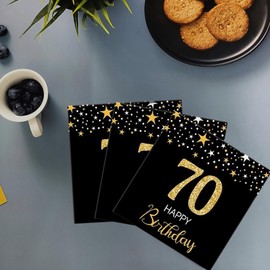 AMNAMN Black and Gold 70th Birthday Party Tableware Set, Napkins and Plates, 16 Count Disposable Dinnerware, Perfect for Women and Men's 70th Birthday Celebrations