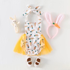 RWYBEIW Baby Girls Easter Bunny Costume Romper Tutu Dress with Rabbit Ear Headband Newborn Easter Bunny Cosplay Outfit Sets (Yellow, 6-12 Months)