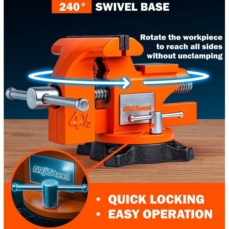 AV Steel 4-1/2" Bench Vise with 240° Flexible Swivel Locking