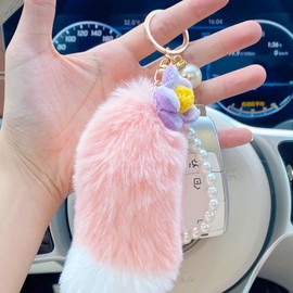 YUYAKESHI Fox/Tail/Keychain, Keyring, Goods, Charm, Cute, Linabel Bag Decoration, Plush Toy, Flower Decoration, Fluffy, Boxed, Comes with pink, tail, and pearl chain
