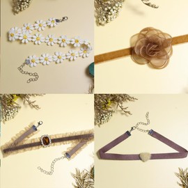 Nova&Aria 6PC Beige Chokers Set For Women Heart Pearl Brown Choker Necklaces Flower Pendant Velvet Cute Choker Necklace Classic Tattoo Colorful Lace Chokers-04