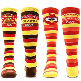 LUKBERA 2Pairs Thanksgiving Socks, Turkey Ttriped Mid-calf Socks Funny Words Socks for Thanksgiving Women Men Funny Autumn Holiday Turkey