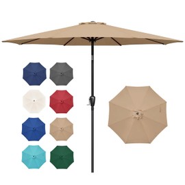 Simple Deluxe 9FT Outdoor Patio Umbrella Table Market Umbrella with Push Button Tilt and Crank, 8 Sturdy Ribs, UV Protection Waterproof for Garden, Lawn, Deck, Backyard, Pool,Tan