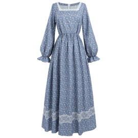 FCCAM Prairie Dress Women Floral Colonial Costume Women with Pioneer Apron 1800s American Historical Dress XL Blue