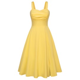 Belle Poque 2024 Spring Summer Sleeveless Sweatheart Neck Spaghetti Strap Elegant Dresses Smocked Back Slit Sundress X-Large Light Yellow
