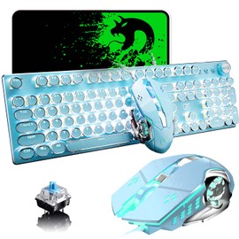 Gaming Keyboard and Mouse,Retro Steampunk Vintage Typewriter-Style Mechanical Keyboard with White LED Backlit,104-Key Anti-Ghosting Blue Switch Wired USB Metal Panel Round Keycaps(Blue)
