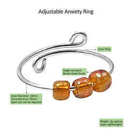 CERSLIMO Anxiety Ring for Women Men, Silver Rotate Bead Anxiety Relief Ring - Open Adjustable Fidget Ring with Colorful Beads, Stress Reliever Spinner Ring | Finger Ring Jewellery Gifts, Orange Bead