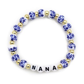 TTYY Blue White Beads Porcelain Bracelet GIGI NANA Birthday Gifts Vintage Stretch Bracelets Mother's Day for Mom and Grandma
