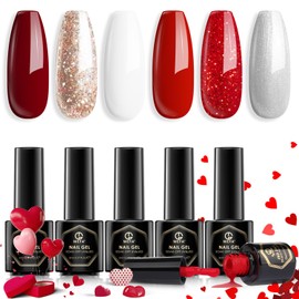MEFA Red Gel Nail Polish Set 6 Colors, Red White Glitter Shades Sparkle Silver Champagne Love Times Tones Salon Christmas Decorations Nail Art Design at Home Manicure DIY Kit Gifts for Women Girl