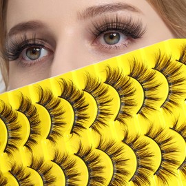 Emotao False Eyelashes Natural Cat Eye Lashes Lightweight 10 Pairs C Curl Wispy Eyelashes Curly 3D Faux Mink Eyelashes Pack (Natural A1)