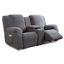 YUEANG Recliner Loveseat Cover with Center Console, 2 Seater Jacquard Recliner Sofa Slipcover with Pockets Washable Stretch Reclining Couch Covers Furniture Protector with Elastic Straps (Dark Gray)