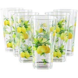 Reston Lloyd Calypso Basics Fresh Lemons 19 oz Acrylic Drinkware Set of 6 – BPA-Free, Indoor/Outdoor, Dishwasher Safe, Lemons with Bees