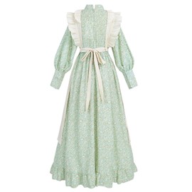 CR ROLECOS Womens Pioneer Dress Green Floral Prairie Dresses Long Sleeve Pilgrim Colonial Costume Ruffles Apron Set L
