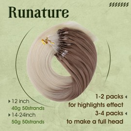 RUNATURE Micro Link Hair Extensions Remy Human Hair Ombre Brown to Blonde Micro Loop Hair Extensions Real Balayage Micro Ring Hair 16 Inch 50g 1g/Strand