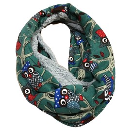 JameStyle26 Owl Fluffy Fleece Warm Winter Loop Scarf, Owl Design, Snood, Round Scarf, Teddy Lining - Green