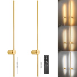 GOODATE Wall Sconces Set of Two with Remote, Stepless Colors 3000K-6500K & Stepless Dimming, Hardwire or Plug-in, 180° Rotate, LED Gold Plug in Wall Sconces with Timer & Night Light, 39.4 Inches