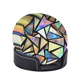 Bright Iridescent Stylish Coasters for Drinks Round Leather Coaster with Holder Set of 6 for Tabletop Protection Desk Accessories Office Home Room Decor