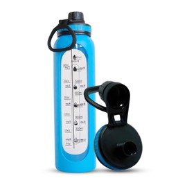 PLUVIA 35 oz Glass Water Bottle – BPA-Free, Thick Borosilicate Glass, Hydration Tracking (Blue)