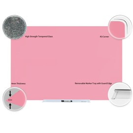 Magnetic Whiteboard, Pink Dry Erase Board 3' x 2', Tempered Glass White Board Frameless, Home School Supplies or Home Office Decor with Magnets, Markers, Eraser, Marker Tray