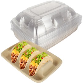 50PACK Disposable Taco Holders with Lid for Party, Premium Paper Taco Plates with Dividers, Fiesta Taco Tray Stands for 3 Tacos, Taco Tuesday Taco Bar Serving Set Holder for Party, Taco Bar