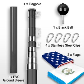 G128 Combo Pack: 25 Ft Telescoping Aluminum Flagpole (Black) & American and Guatemala Flags 3x5 Ft, Both ToughWeave Series Embroidered Polyester | Pole with Flags Included
