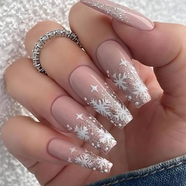 Christmas Press on Nails Long Coffin Fake Nails Snowflake False Nails With Designs Gold Glitter Glossy Glue on Nails Full Cover Acrylic Stick on Nails Xmas Winter Artificial Nails for Women 24 Pcs