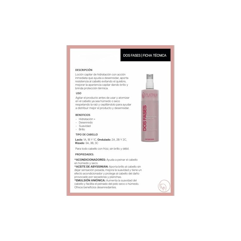 Platinum Dos Fases Hidratante Capilar, Desenredante y Termoprotector, 320gr, Rosa