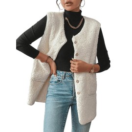 CheChury Teddy Fleece Vest Women's Winter Vest Long Warm Sleeveless Vests with Pockets Warm Fleece Vest Comfortable Cardigan Jacket Autumn Winter Lightweight Vest Plush Vest Outwear Long Vest Winter