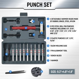 W WIREGEAR Pin Punch Set, Steel Roll Pin Punch Set, Punch Tool, Pin Punches with Replaceable Face Hammer, Made of Solid Material, Mechanical Repair Tool with Bench Block