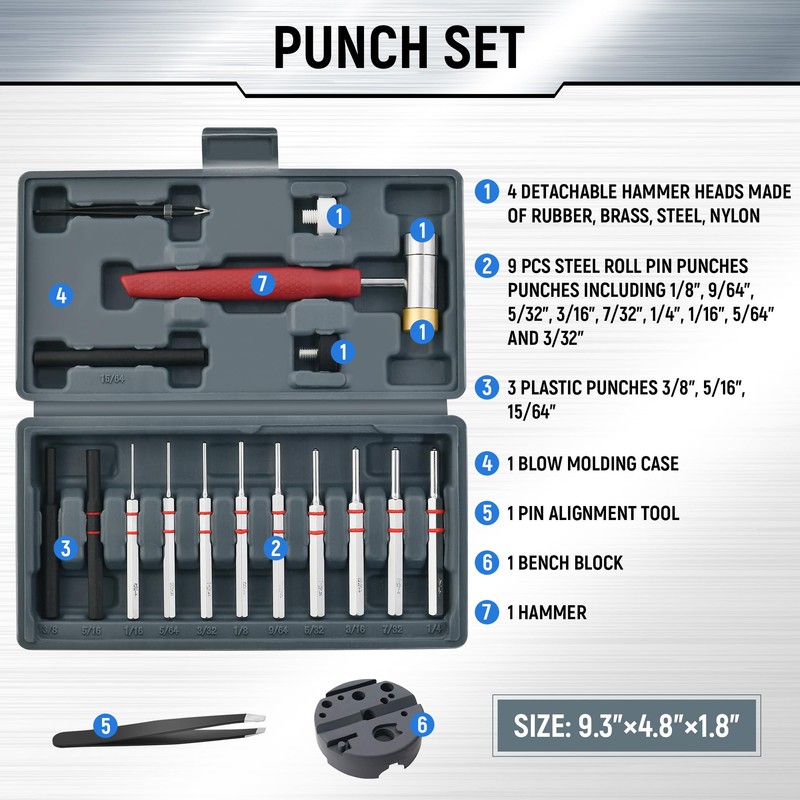 W WIREGEAR Pin Punch Set, Steel Roll Pin Punch Set,