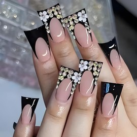 Hkanlre Medium Fake Black Nails Tips Rhinestones Press on Nails Flower Full Cover French False Flare Nails for Women 24PCS