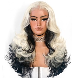 Blonde With Black Glueless Feather Layered Wig With Bangs 13x6 HD Lace Front Synthetic Wig Pre Plucked Cutting Natural Hairline Hair 22inch