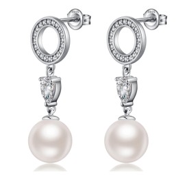 Jiahanzb 925 Sterling Silver Pearl Dangle Earrings for Women Cubic Zirconia Diamond Water Drop Pearl Earrings Pearl Jewelry for Ladies, White Pearl 10MM