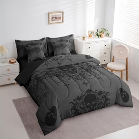 Gothic Bed in a Bag Queen Comforter Set 7 Piece,Goth Sugar Skull Bedding Set,Charcoal Grey Black Damask Bohemian Vintage Floral Comforter and Sheet Set,Exotic Antique Victorian Baroque Decor