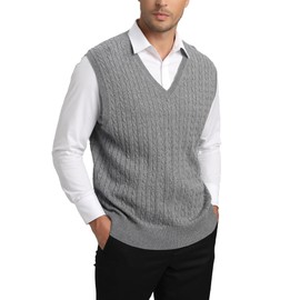 Kallspin Men's Knitted Vest Pulunder Sleeveless Cable Knit V-Neck Wool Blend, lightgrey, 4XL