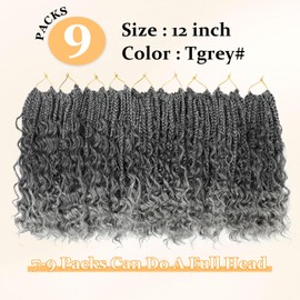 Yewell 9 Packs Goddess Box Braids Crochet Hair Boho Crochet Box Braids With Curly Ends Crochet Hair For Black Women, 12 Inch Pre Looped Bohemian Crochet Box Braids Hair (12Inch 9 Packs,TGrey)